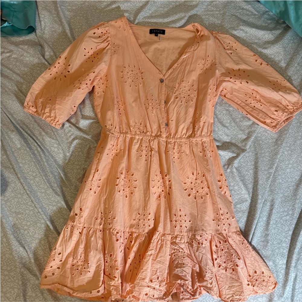 1. State Orange Casual V-Neck Puff Sleeve Dress